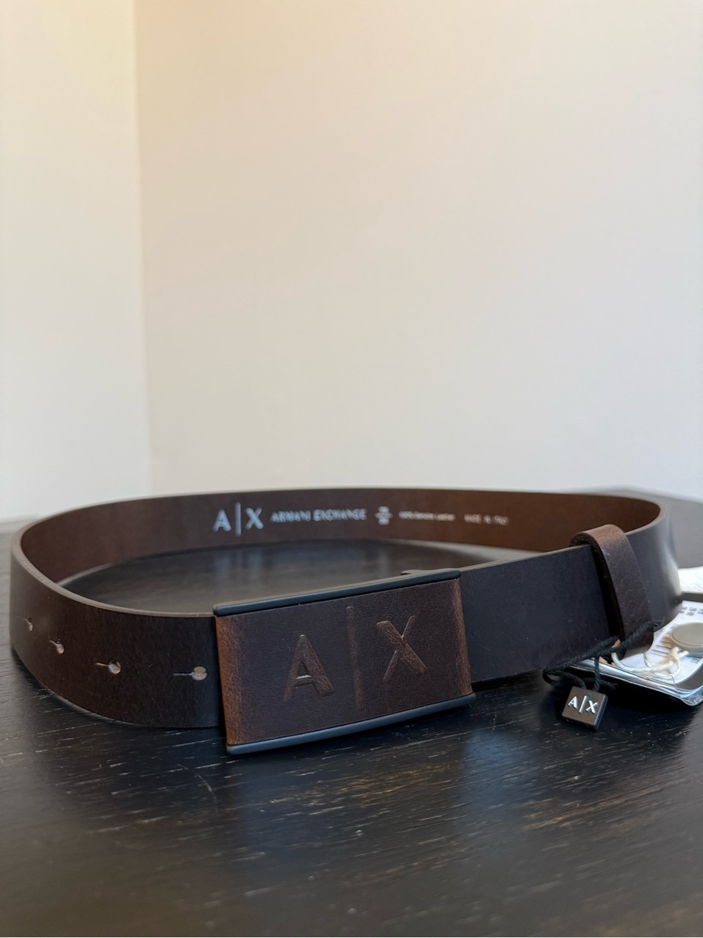 Armani Exchange Dark Brown Leather Distressed A|X Logo Belt